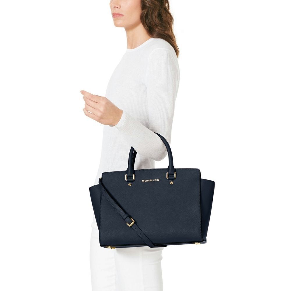 New! MICHAEL KORS Selma Leather Handbag Satchel Bag With Long Straps Navy Blue